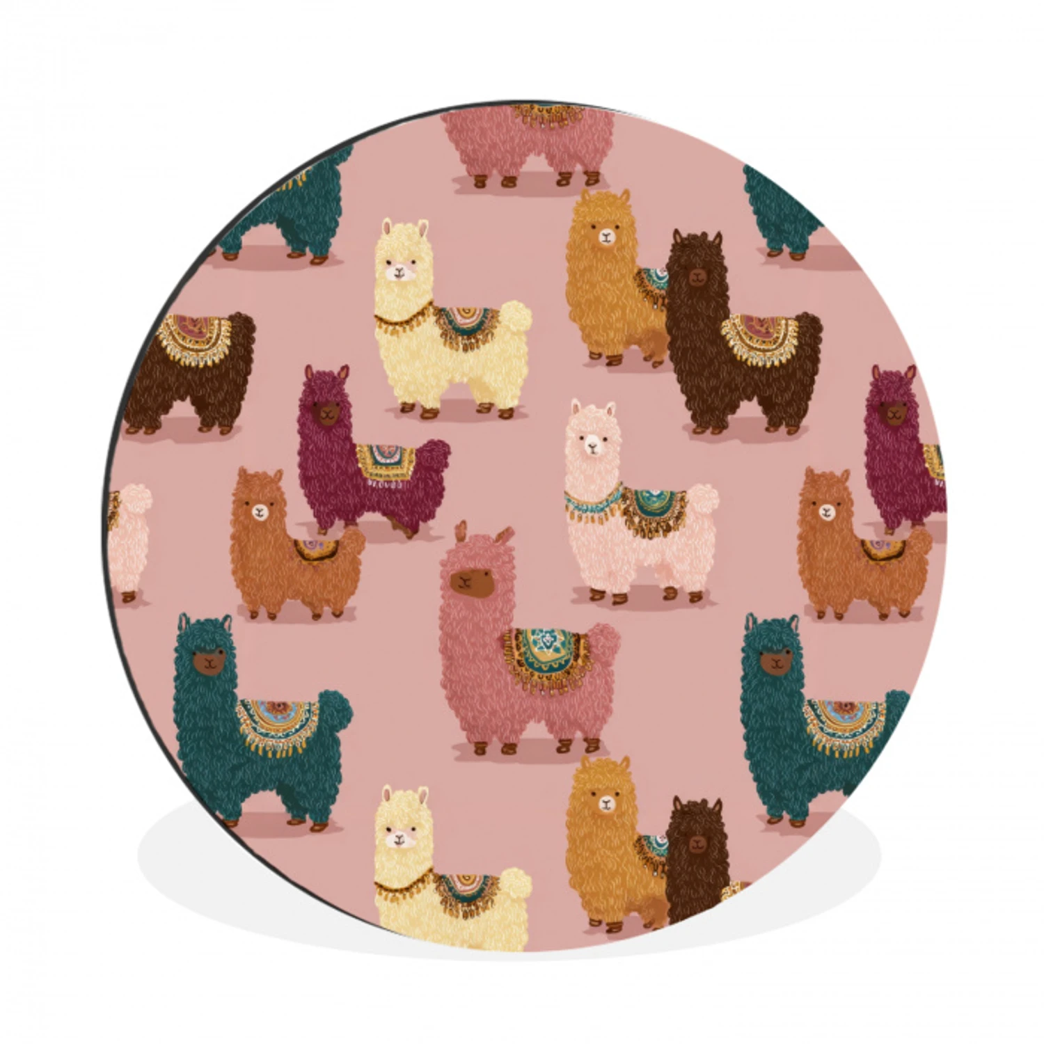 Alpaca's - Patroon - Kleurrijk Wandcirkel aluminium klein 190 -3d