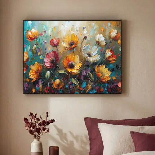 Bloemen - Verf - Kunst - Modern Textielframe zwart klein -sfeer1