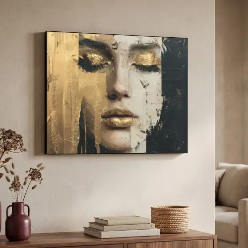 Abstract - Goud - Gezicht - Lippen Textielframe - compleet frame klein -sfeer3