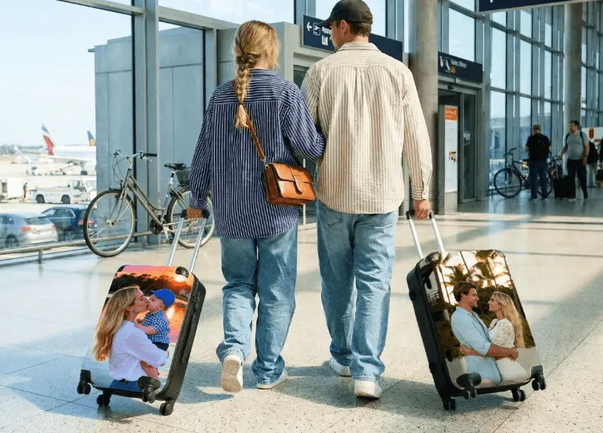 Onlywow Paar läuft durch einen Flughafen mit Koffern, auf denen persönliche Fotos abgebildet sind.