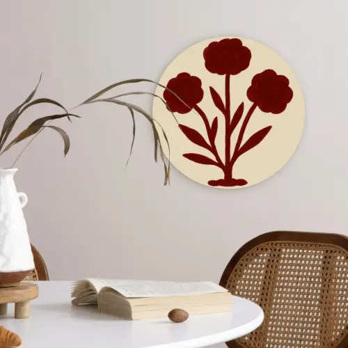 Bloemen - Bladeren - Rood - Minimalistisch Wandcirkel kunststof plaat 5mm dik klein -sfeer4