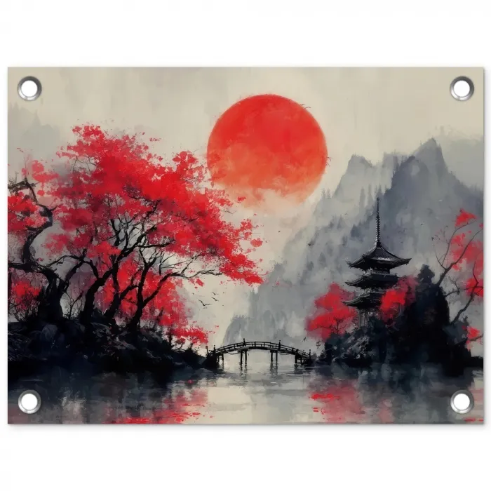 Rode zon - Rivier - brug - Bomen tuinposter los doek klein -3d