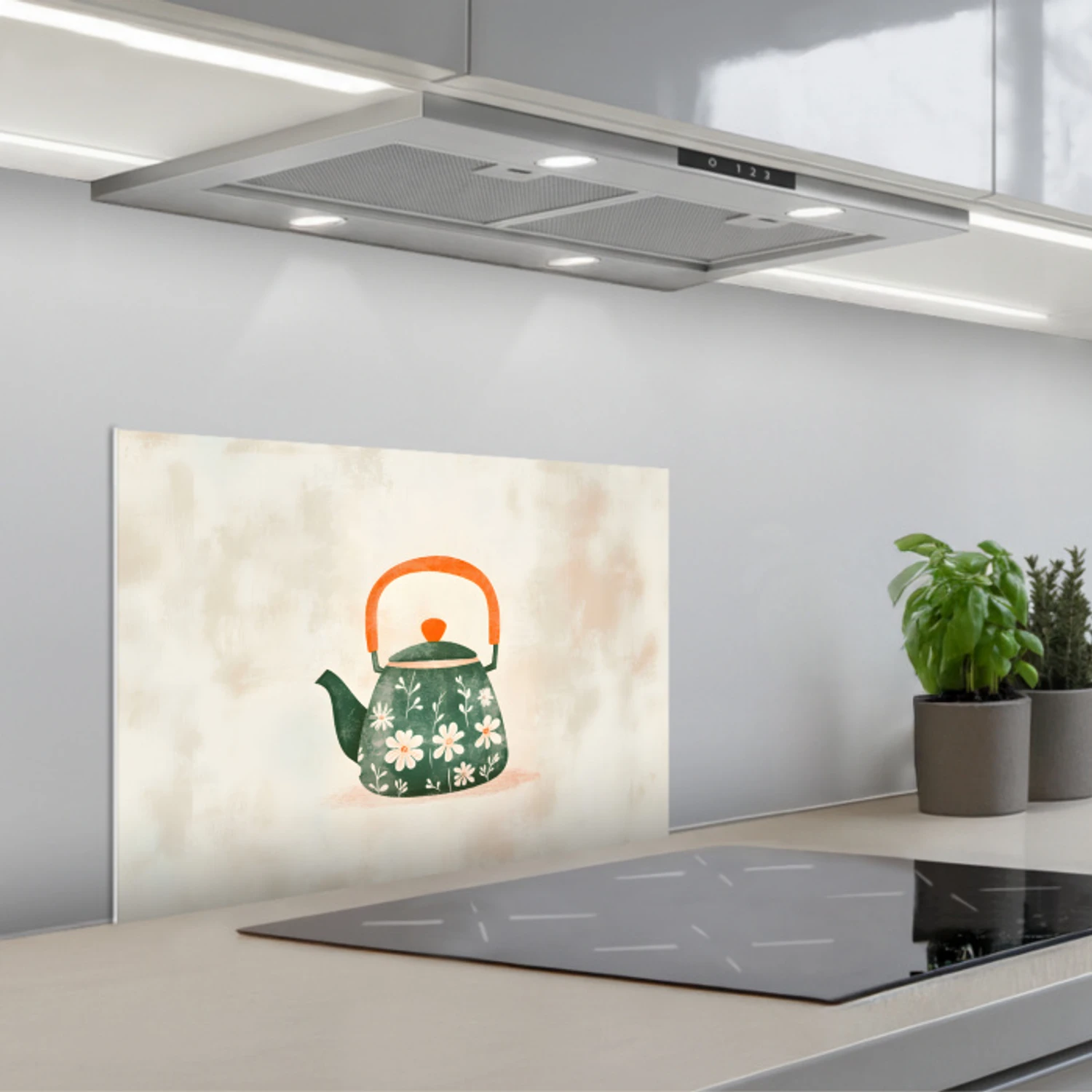 Theepot - Groen - Bloemen - Oranje keuken achterwand spatscherm klein -3d_schuin