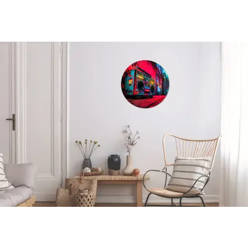 Boombox - Rood - Graffiti - Neon Wandcirkel aluminium klein -woonkamer