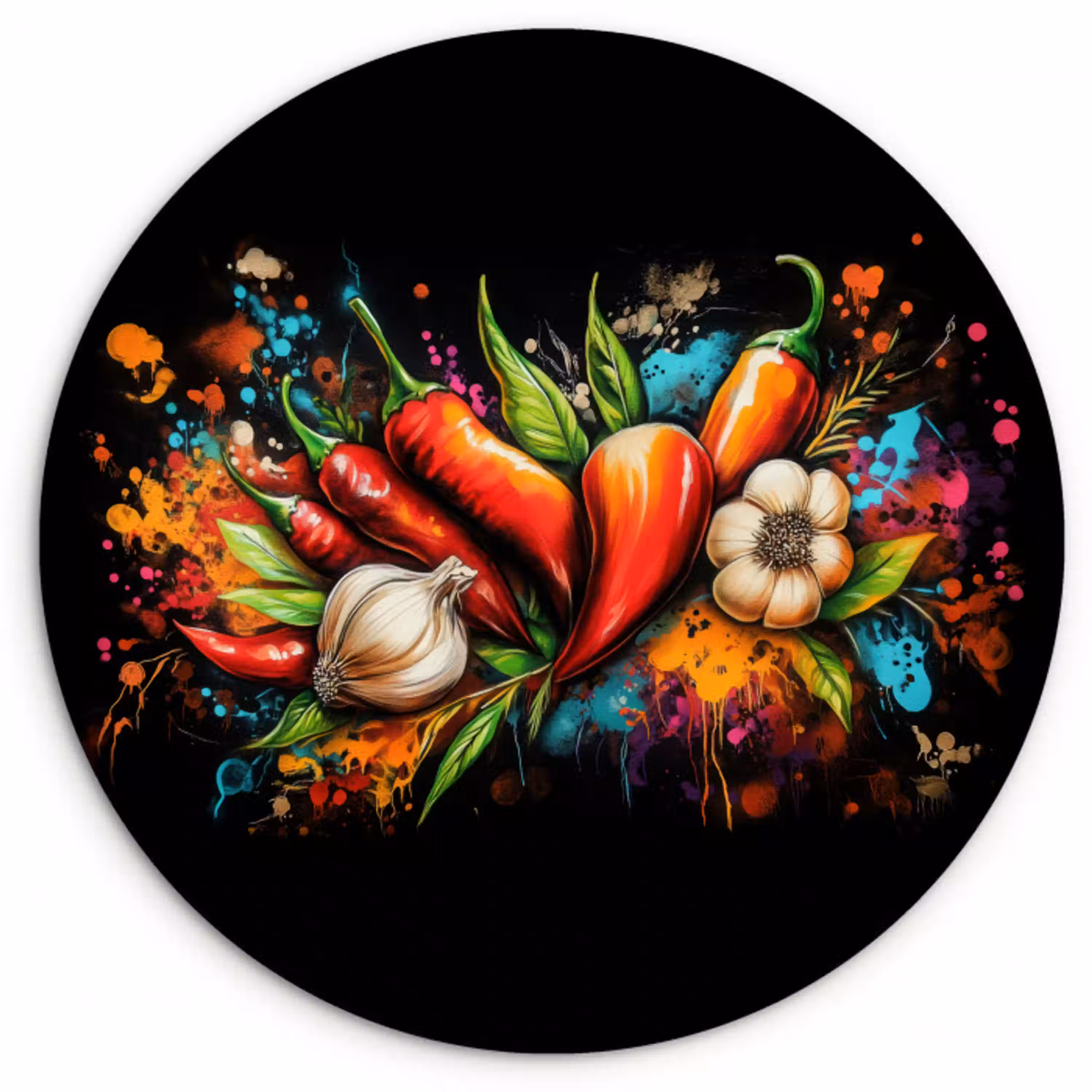 Groente - Peper - Knoflook - Graffiti - Verf - Kleurrijk Wandcirkel kunststof plaat 5mm dik klein -3d