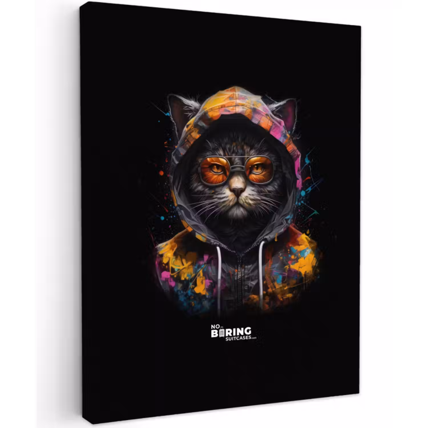 Leinwandbild - Katze mit bunter Weste und orangefarbener Brille