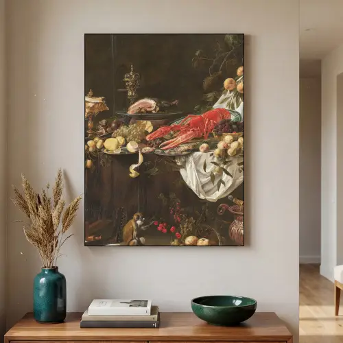 Pronkstilleven - Adriaen van Utrecht - Olieverf Textielframe zwart klein -sfeer1
