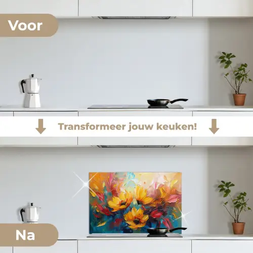 Bloemen - Dahlia - Kunst - Oranje - Watercolor keuken achterwand spatscherm klein -voor_na_NL