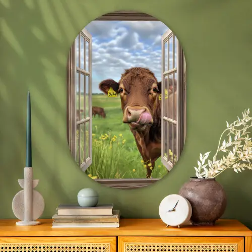 Doorkijk - Koe - Weiland - Landschap - Dieren Wandcirkel Ovaal Glas middel -sfeer2