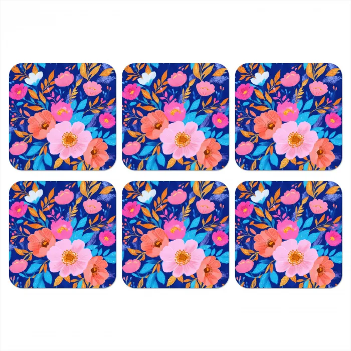 Bloemen - Blauw - Roze onderzetter kurk middel -3d