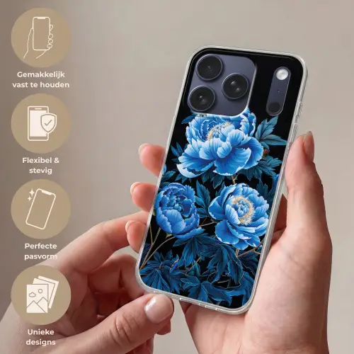 Bloemen - Zwart - Blauw - Modern Telefoonhoesje iPhone 17 Pro klein -sfeer3_NL