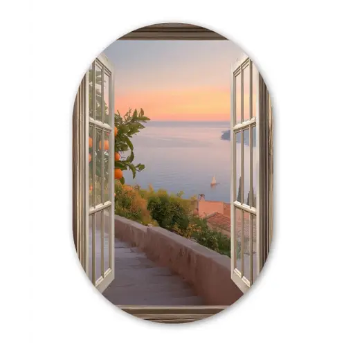 Doorkijk - Uitzicht - Meer - Landschap Wandcirkel Ovaal Glas middel -3d