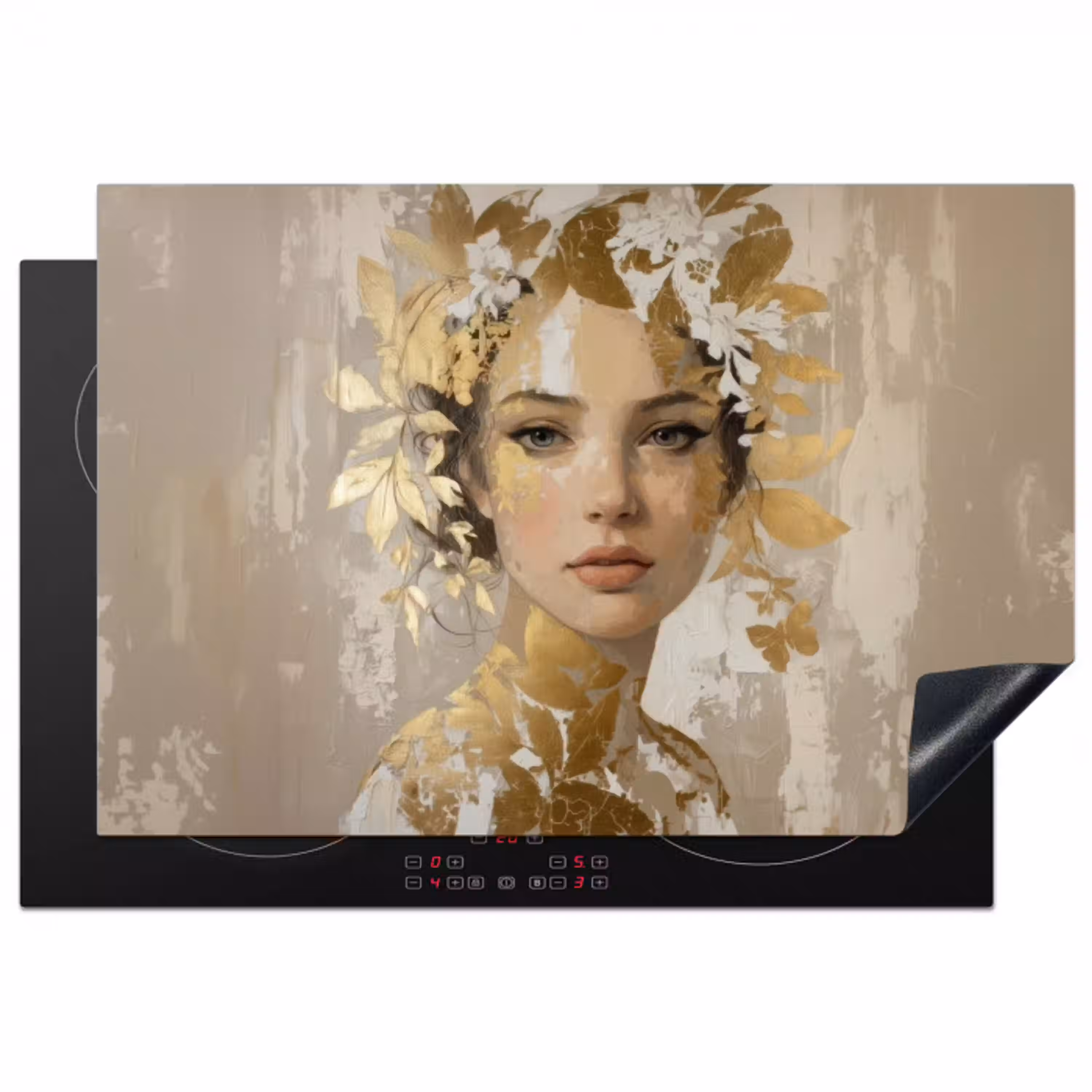 Gezicht - Vrouw - Bladeren - Goud Inductie beschermer vinyl 3mm klein -3d