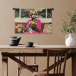 Vrouw - Kat - Bloemen - Kopje - Retro Wandkleed katoen klein -sfeer6