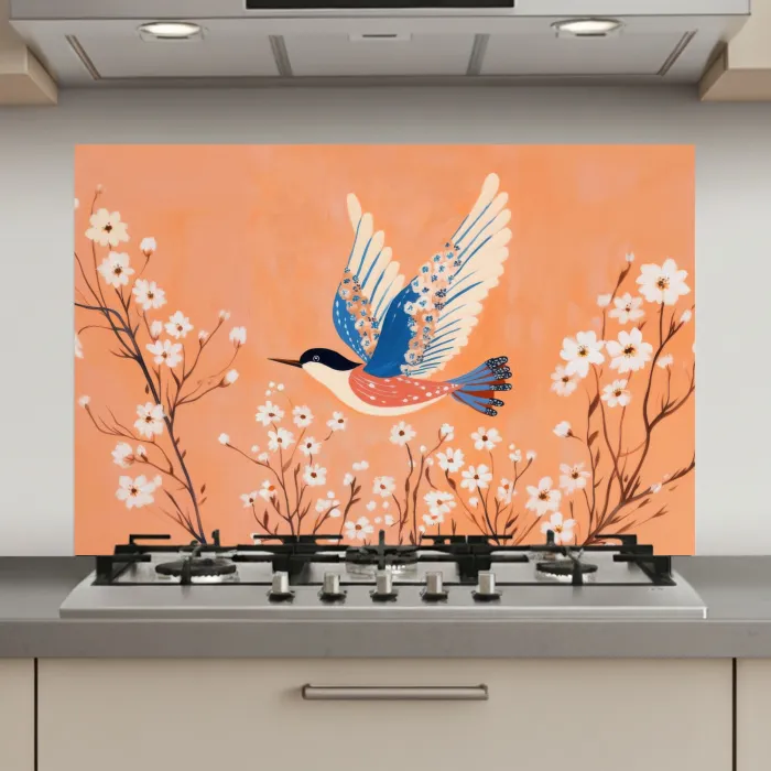 Vogel - Bloesemtakken - Warm - Kleurrijk keuken achterwand spatscherm klein -3d_website