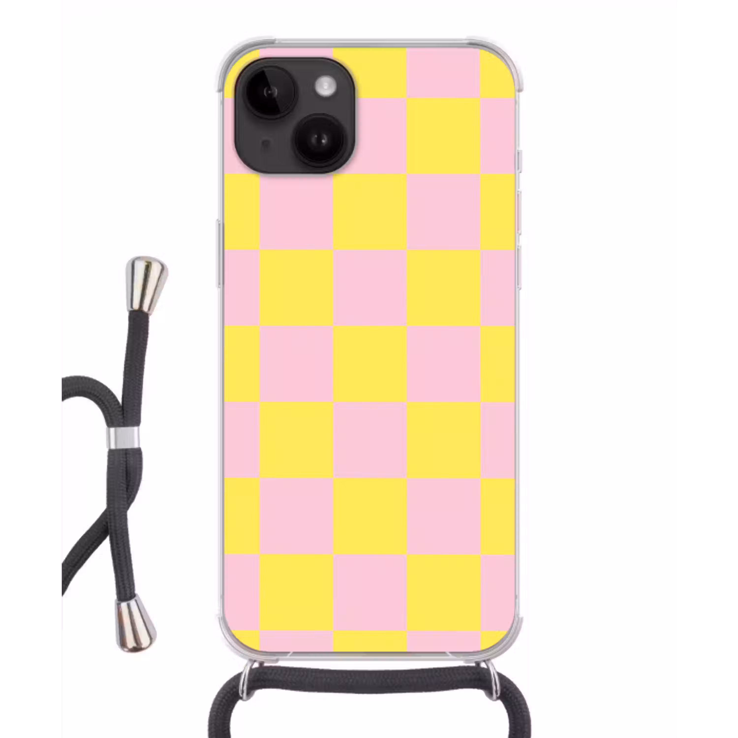 Schaakbord patroon - Geel - Roze - Blokjes Crossbody Case iPhone 14 middel -3d