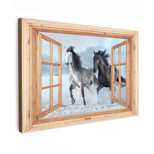 Doorkijk - Paarden - Winter - Dieren - Natuur - Hout Tuinposter op houten frame 2 cm dik klein -3d
