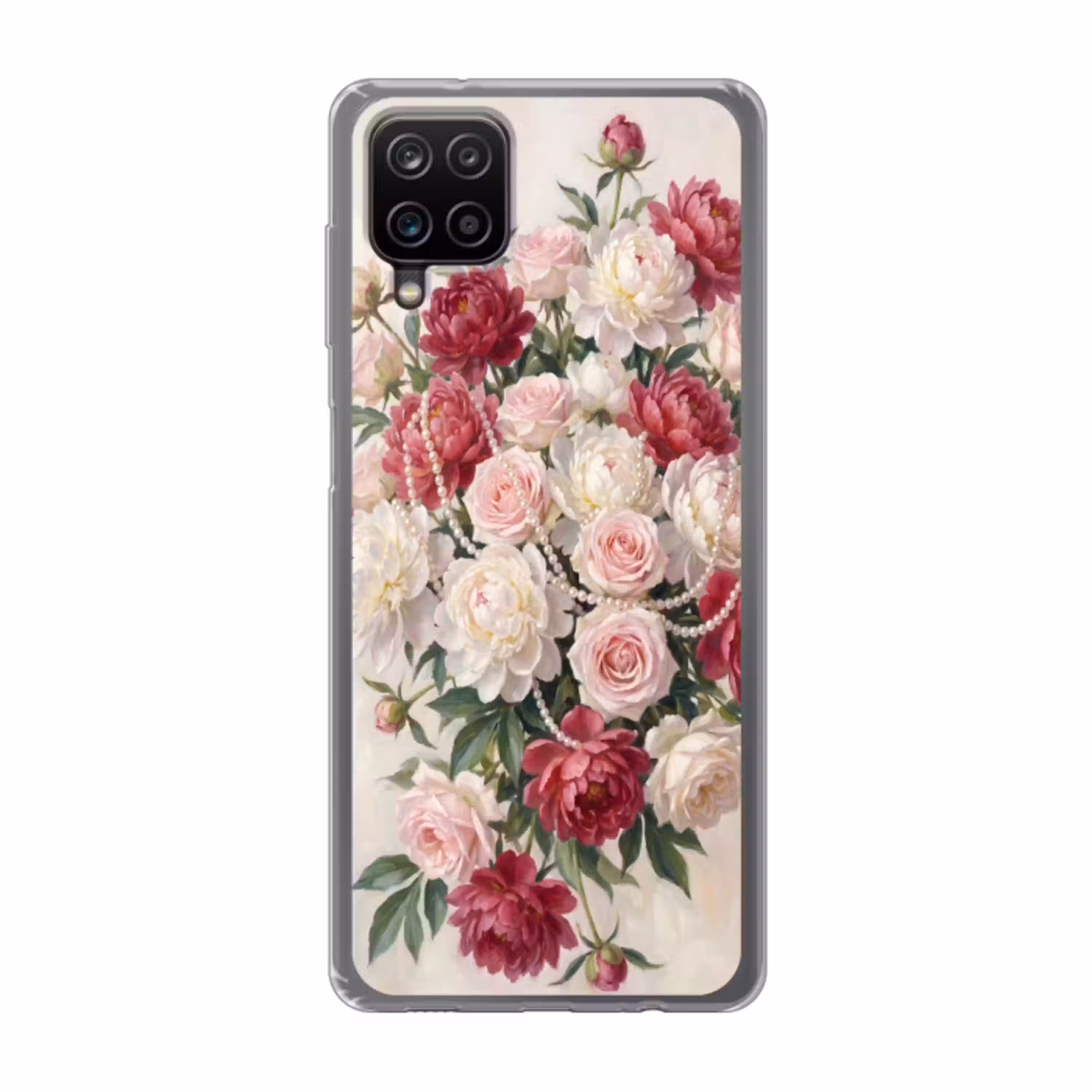 Bloemen - Parels - Romantiek - Klassiek - Roze Telefoonhoesje Samsung Galaxy A12 klein -3d