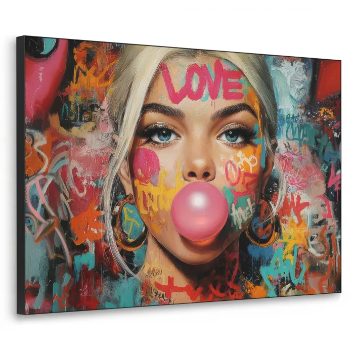 Vrouw - Kauwgom - Graffiti - Love Textielframe zwart klein -3d
