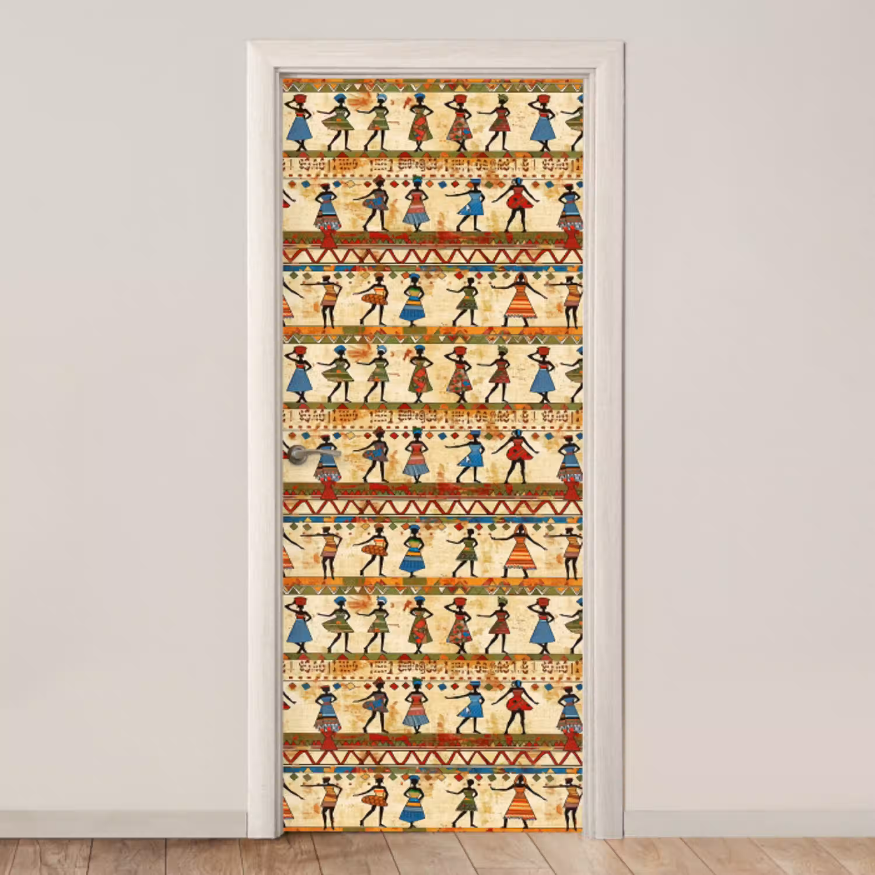 Kleurrijk - Afrikaans - Etnisch - Dansende Vrouwen - Patroon deurposter klein 289 -3d_beige