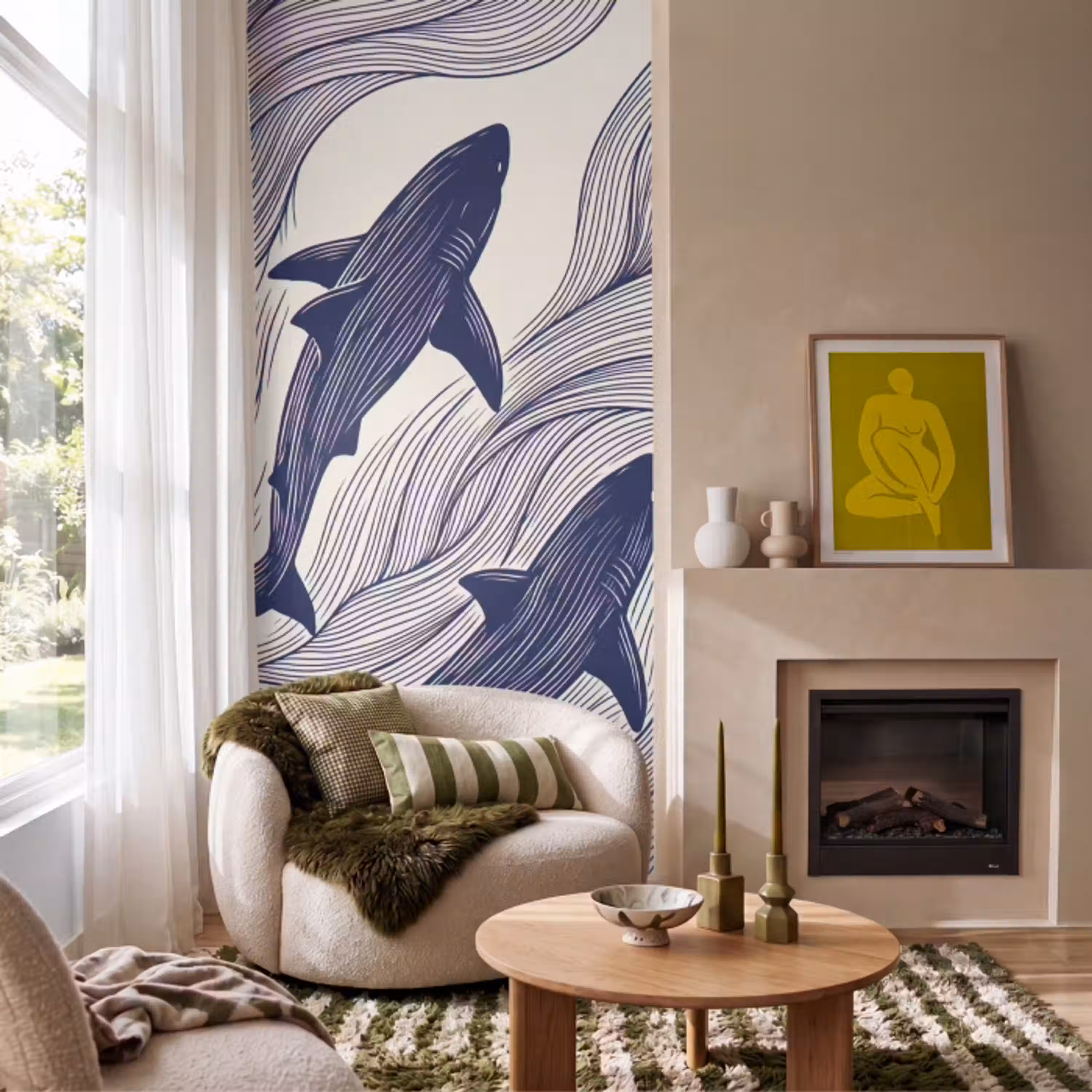 Vis - Oceaan - Lijntekening - Blauw - Dieren Behang Vlies klein -sfeer2