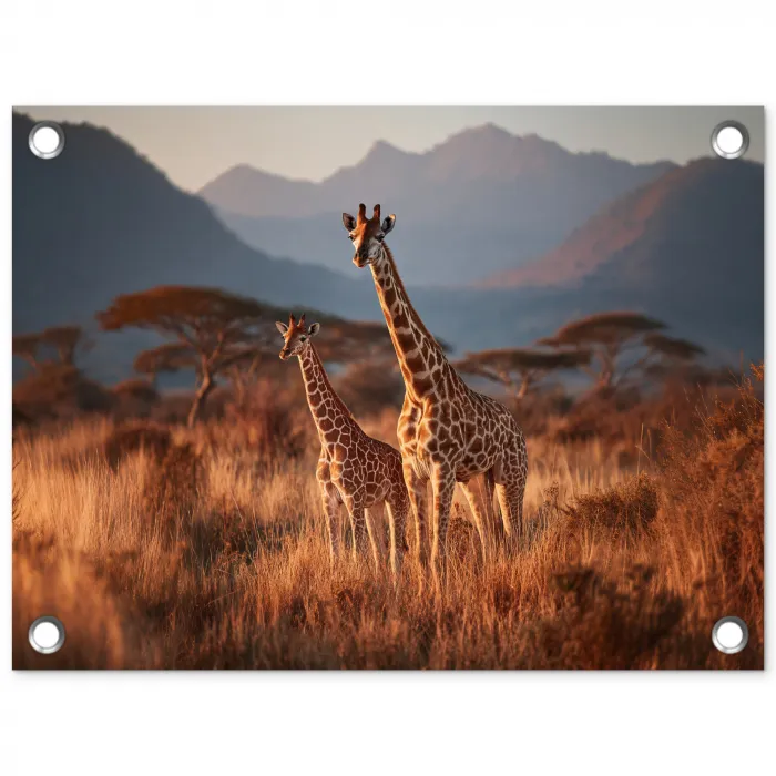 Giraffen - Hoog gras - Acaciabomen tuinposter los doek klein -3d
