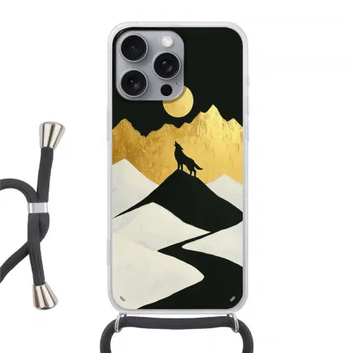 Wolf - Bergen - Maan - Zwart Hoesje iPhone 16 Pro Max met koord klein -3d