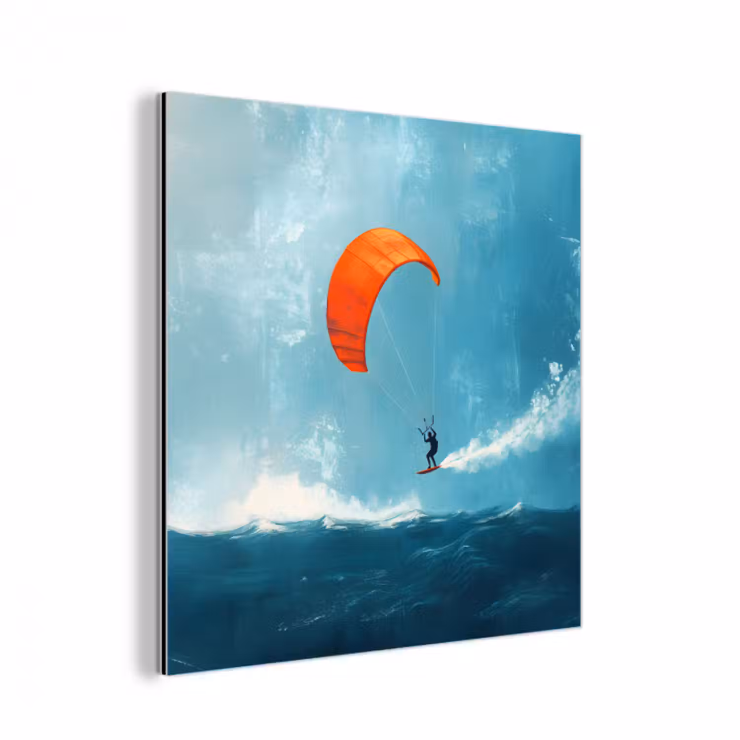 Alu-Dibond-Bild - Kitesurfer - Orange - Meer - Himmel
