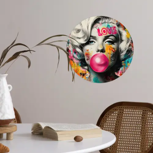 Vrouw - Kauwgom - Graffiti - Neonkleuren Wandcirkel behangsticker klein -sfeer3