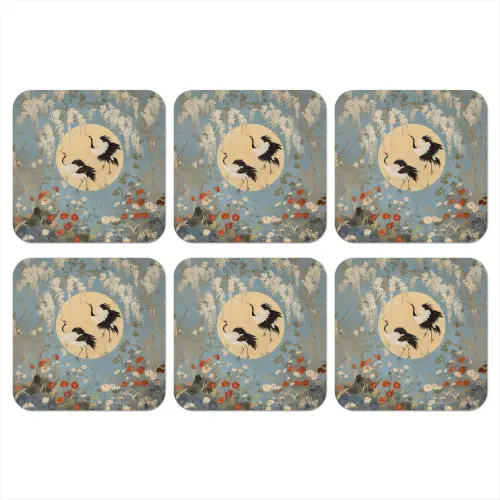 Kraanvogels - Maan - Bloemen - Blauw onderzetter kurk middel -3d