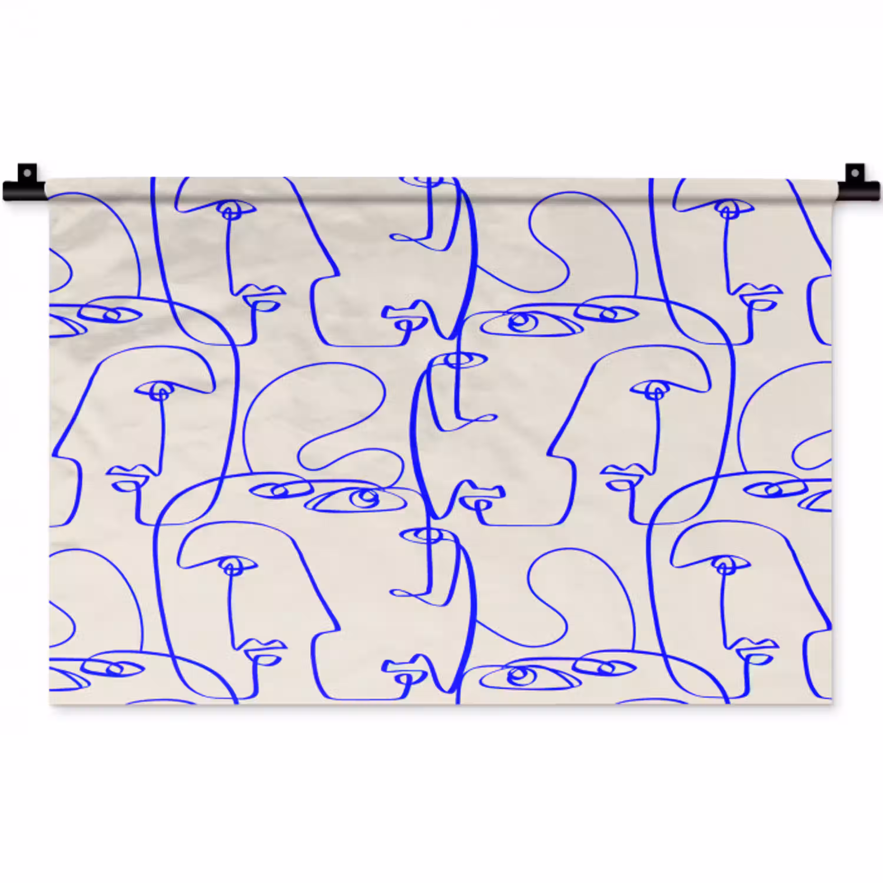 Gezicht - Blauw - Lijnen - Beige Wandkleed katoen klein 269 -zz3d