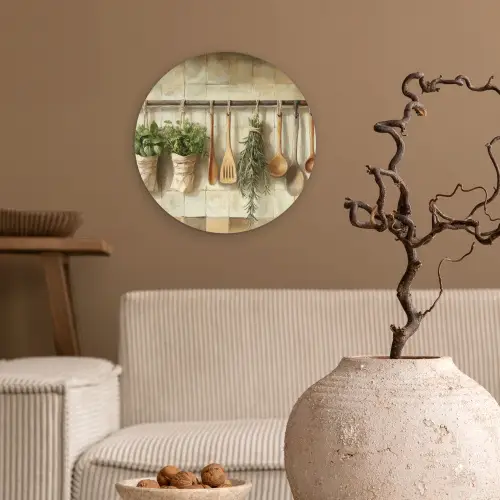 Hout - Keukengerei - Stilleven - Tegels Wandcirkel plexiglas klein -sfeer1