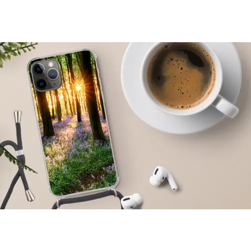 Bos - Bloemen - Lavendel - Zon Hoesje iPhone 12 Pro met koord klein -oordop