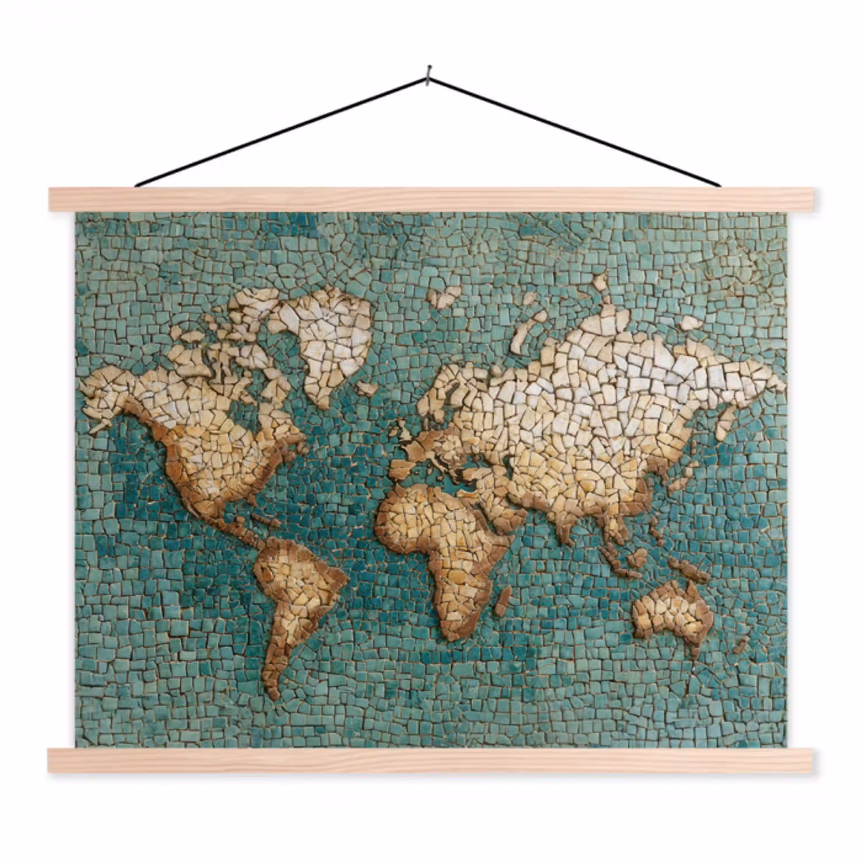 Wereldkaart - Gebroken tegels - Mozaïek textielposter latten blank klein -3d