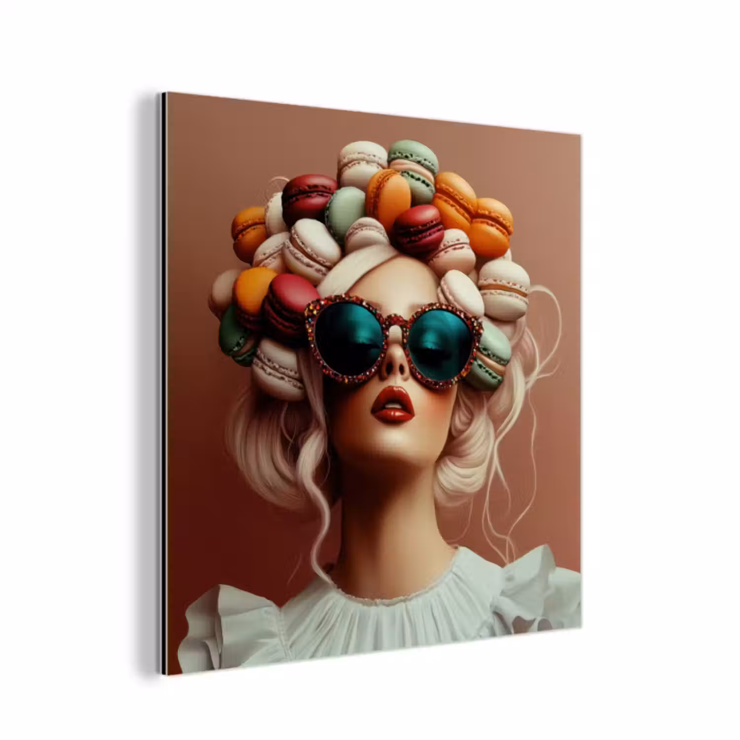 Aluminium schilderij - Vrouw - Macarons - Bril
