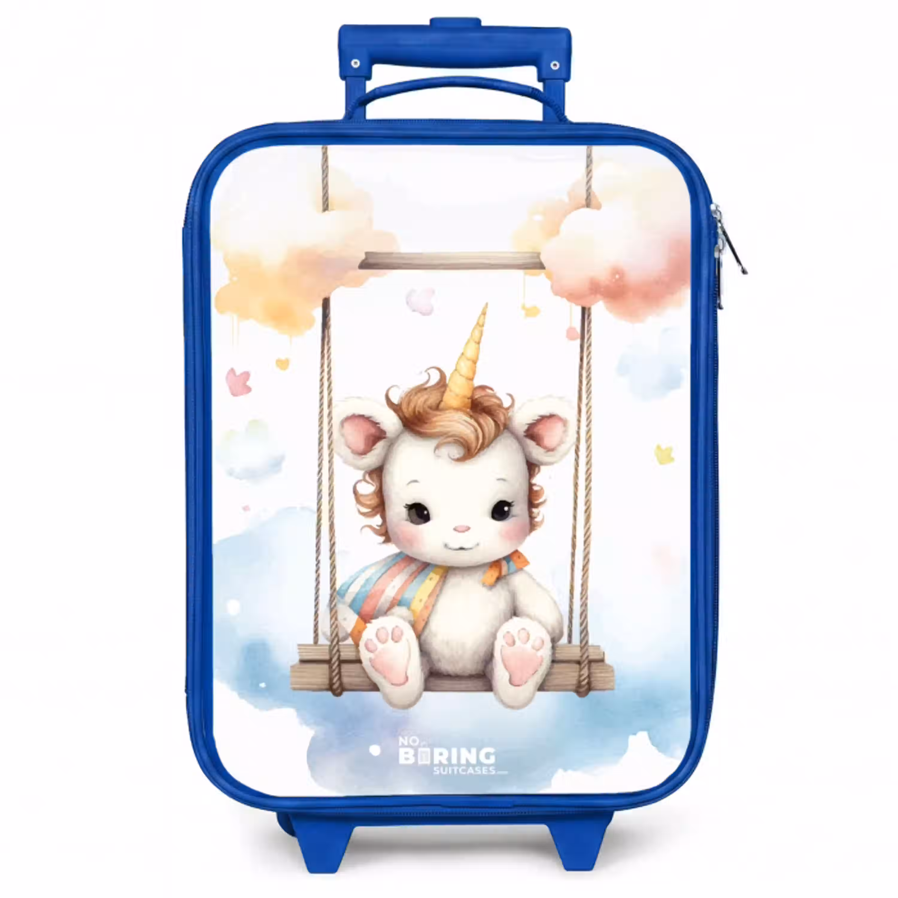 Witte baby eenhoorn op een schommel in de wolken Kinderkoffer - Blauw klein -zzz_website3d