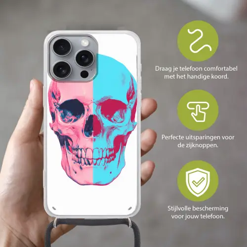 Schedel - Grafisch - Roze - Verdeeld Hoesje iPhone 16 Pro Max met koord klein -sfeer2_NL