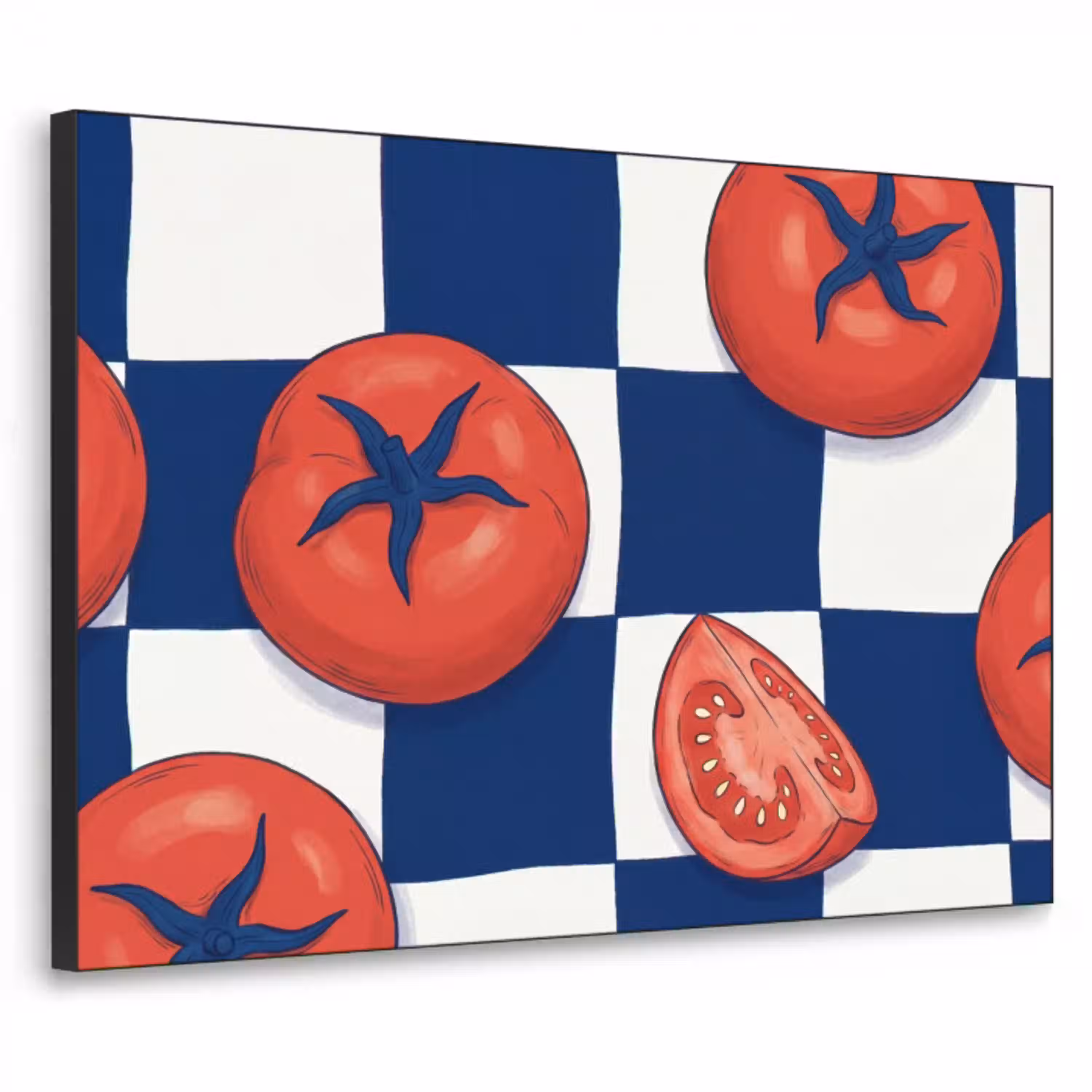 Eten - Tomaten - Keuken - Illustratie - Rood-Blauw Textielframe zwart klein -3d