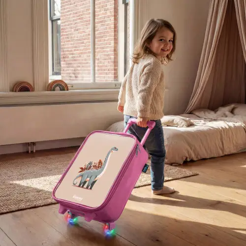 Blauwe dinosaurus op een beige achtergrond Kinderkoffer - Roze klein -sfeer1
