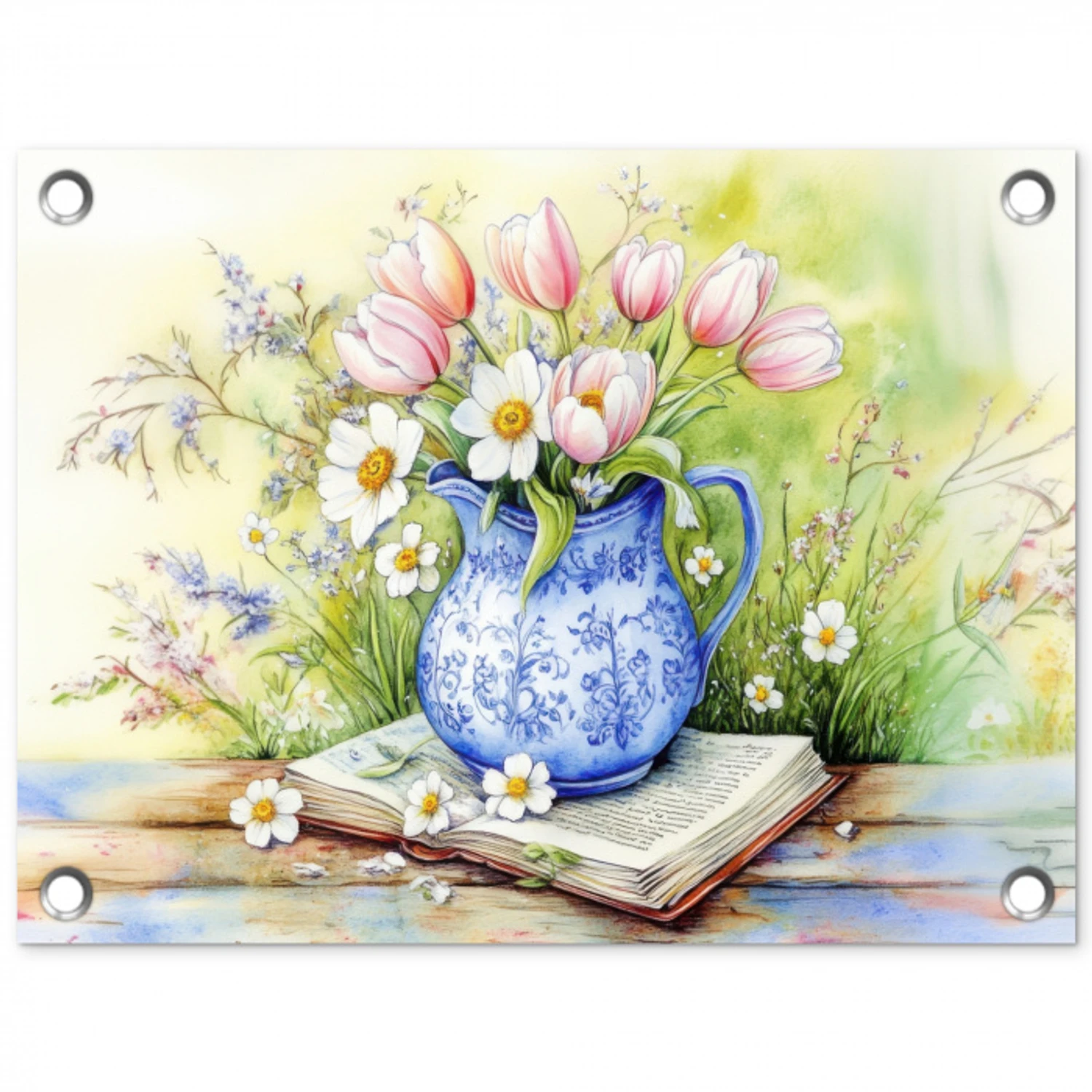 Vaas - Delftsblauw - Madeliefjes tuinposter los doek klein -3d