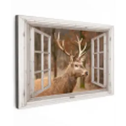 Hert - Dier - Bos - Herfst - Hertenkop - Bruin - Doorkijk Tuinposter op houten frame 2 cm dik klein -3d
