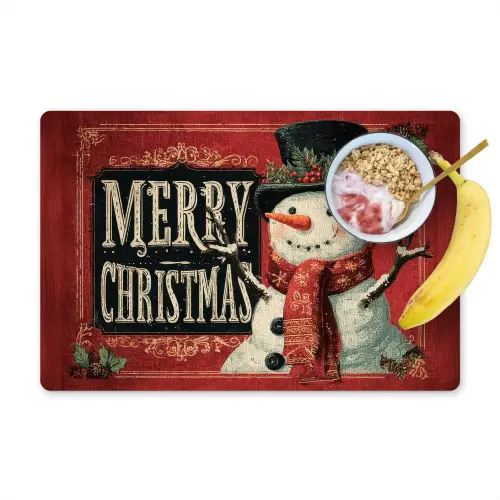 Klassiek - Kerstgroet - Sneeuwpop - Rood Placemat vinyl groot -zzzproduct_Kitchenyeah-website