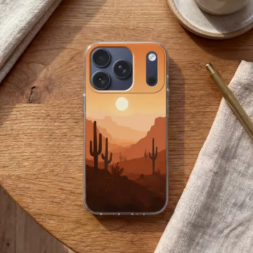 Landschap - Woestijn - Cactussen - Zon Telefoonhoesje iPhone 17 Pro klein -sfeer1