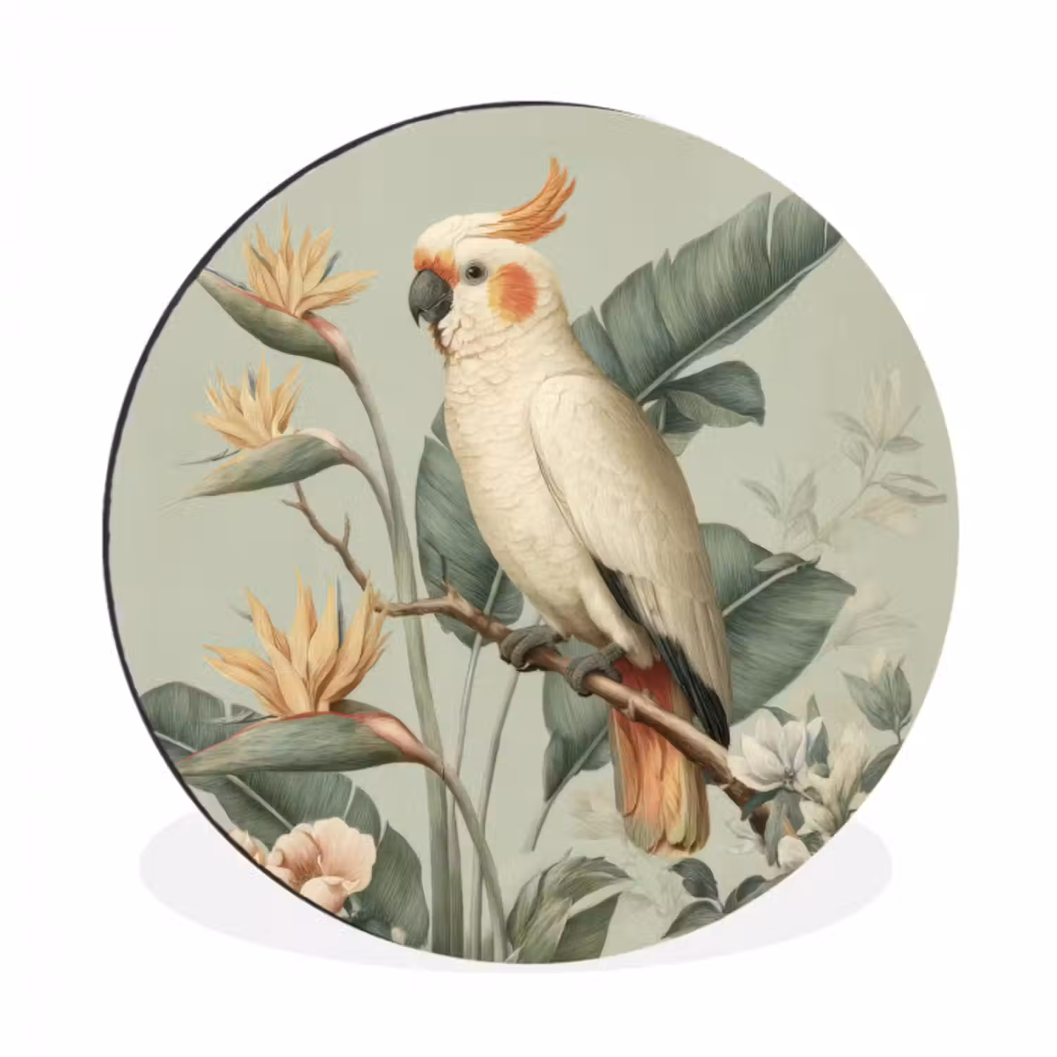 Alu-Dibond-Bild Rund - Gelbhaubenkakadu - Paradiesvogel Blumen - Grün