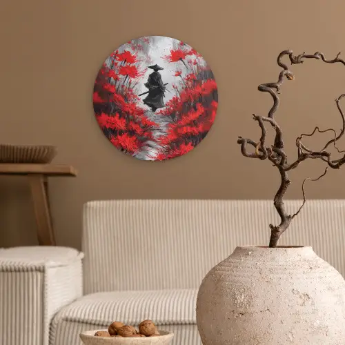 Rode bloemen - mistig - Man Wandcirkel kunststof plaat 5mm dik klein -sfeer1