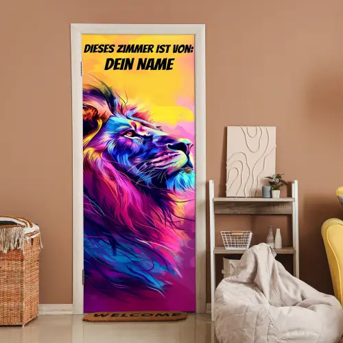 Bunter Löwenkopf im modernen Neon-Art-Stil mit personalisierbarem Namensfeld. deurposter klein -sfeer1