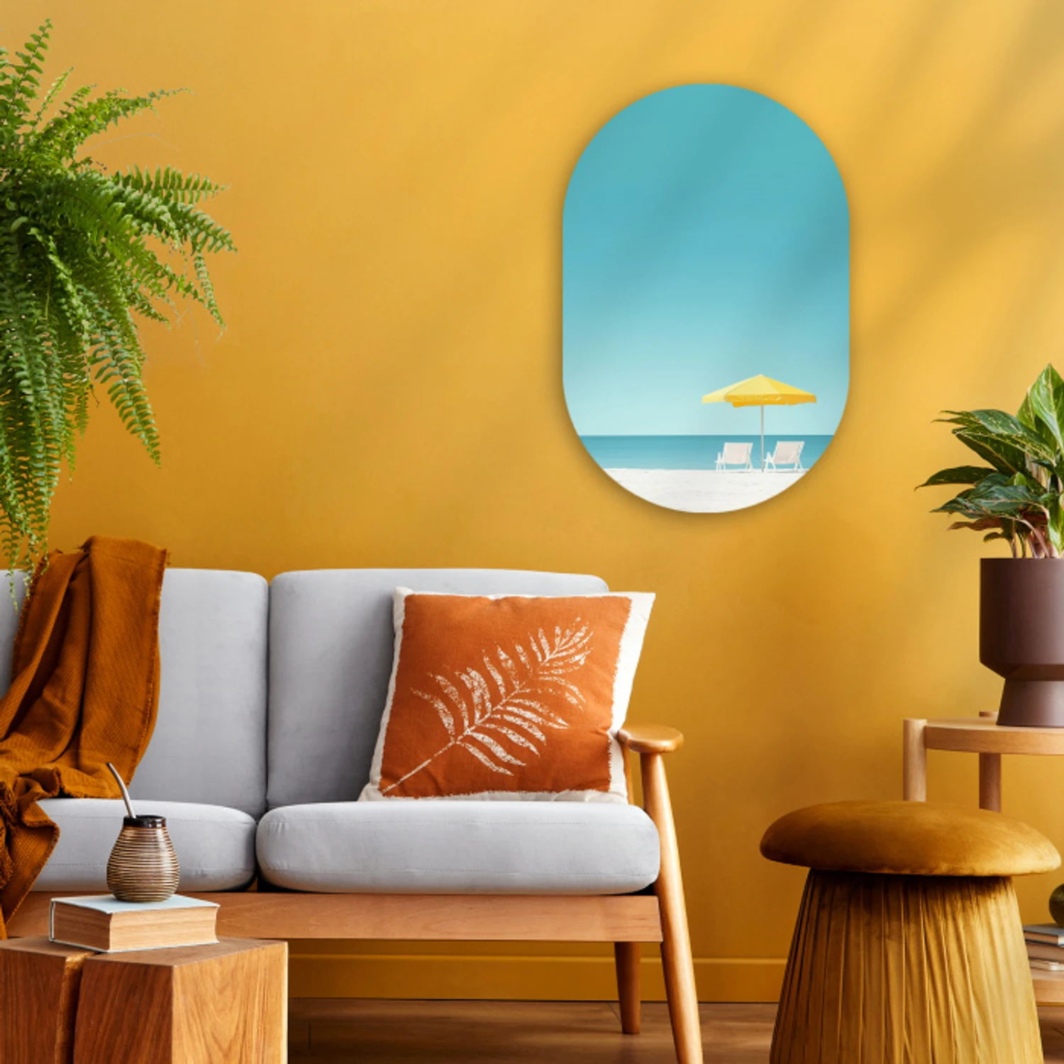 Strand - Blauwe lucht - Geel - Parasol Wandcirkel Ovaal Forex klein -sfeer4