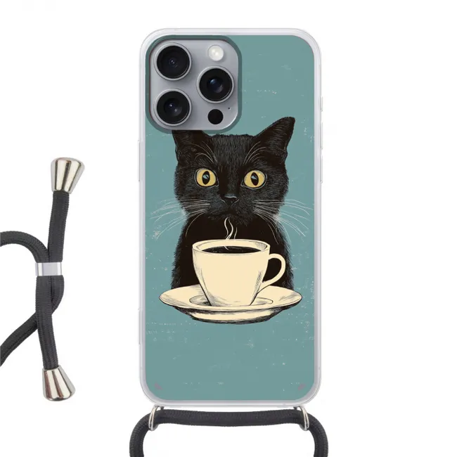 Telefoonhoesje met koord - Kat - Zwart - Koffie - Minimalistisch