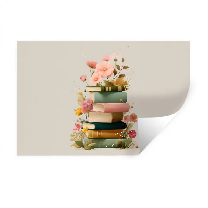 Boeken - Stapel - Bloemen - Kleurrijk Muursticker klein -3d