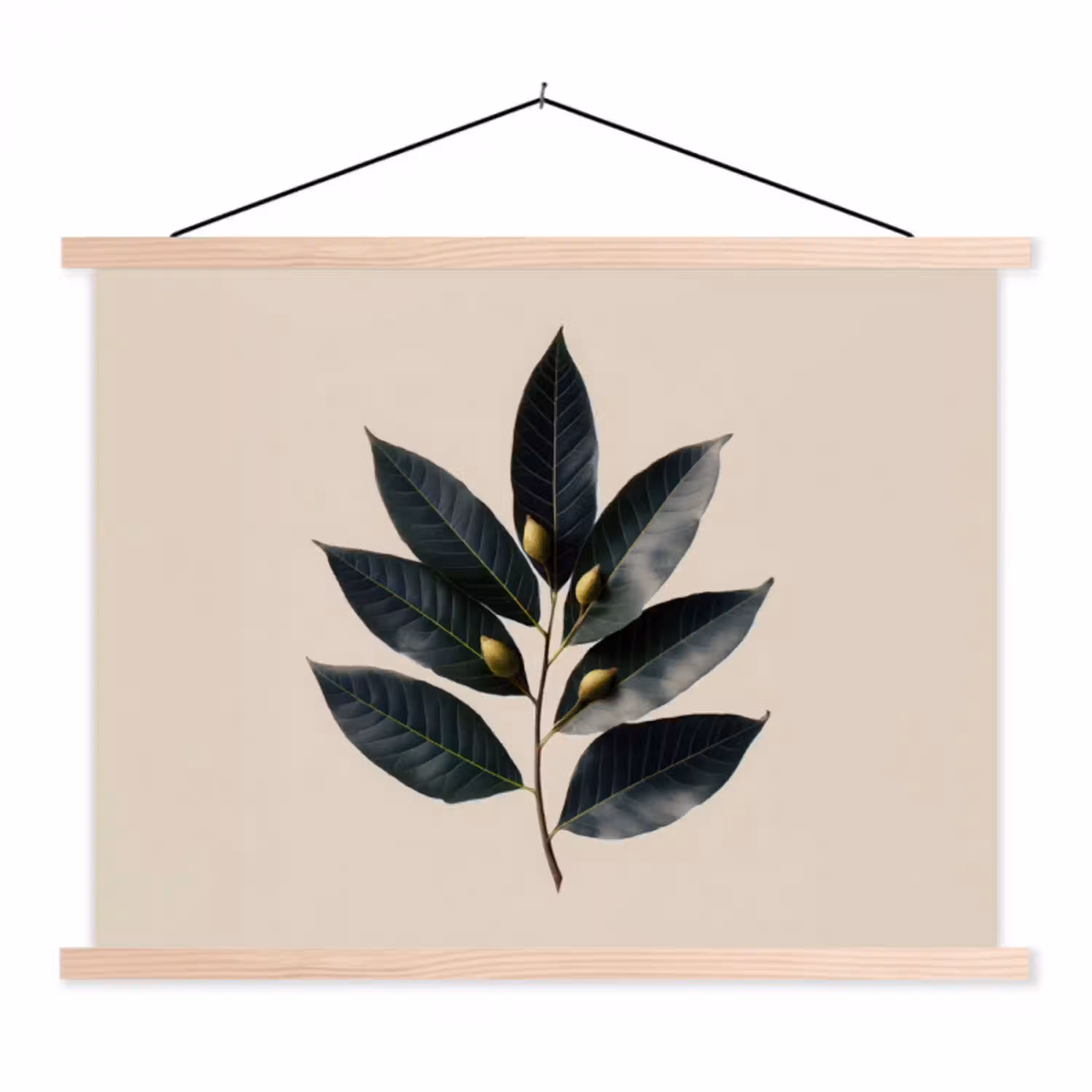 Laurierbladeren - Bloemknoppen - subtiel textielposter latten blank klein -3d